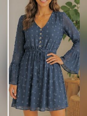 🎀 BaeVely Blue Long-Sleeve V-Neck Drawstring Midi Dress